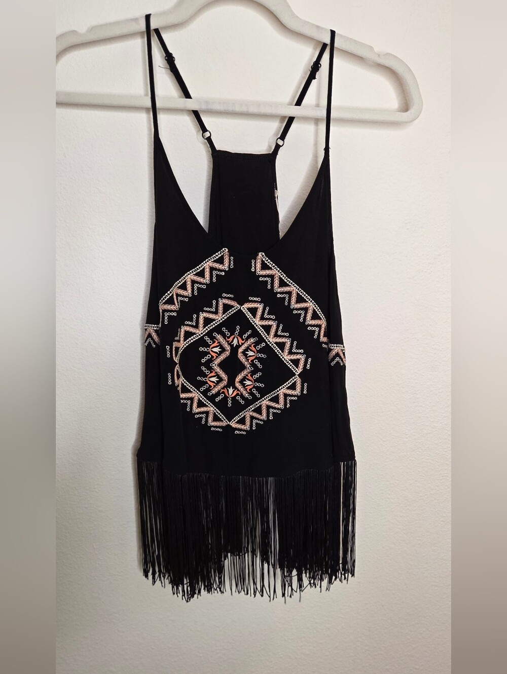 Haute Society Black Fringe Camisole with Peach & Cream Embroidery